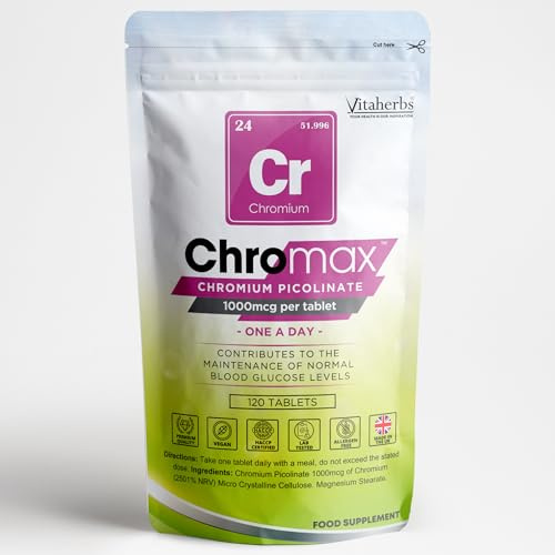 ChromMax - Chromium Picolinate 1000mcg 120 Tablets | Chromium Supplement | Essential Mineral | Contributes to The Maintenance of Normal Blood Glucose Levels | Made in The UK