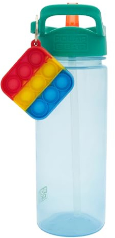 Polar Gear Popit 500ml Kids Water Bottles with Straw Back to School Supplies - Popit Bottle with Sensory Keyring Charm, Red, Blue, Green, Yellow, Orange