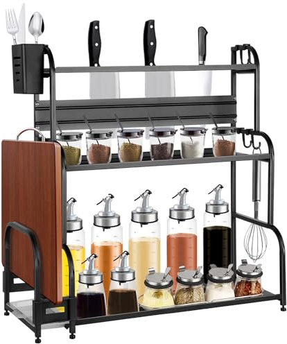 OHMG Étagère à épices cuisine debout à 3 étages,Grande Rangement epices cuisine en métal,Etagere cuisine Avec porte-ustensiles et Support de planche à découper,Avec 6 crochets (3 niveaux, 58*22*60cm)