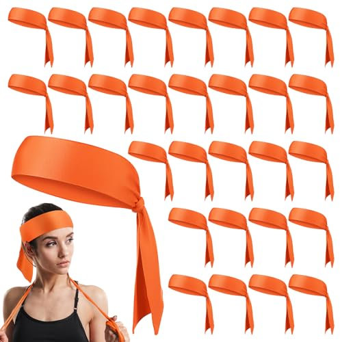 Hiboom 30 Pack Tie Headband Bulk Sports Tennis Head Tie Ninja Karate Tie Back Athletic Sweatbands Adjustable Hair Bands for Women Men Basketball, Football, Soccer, Running, Yoga Workout(Orange Color)