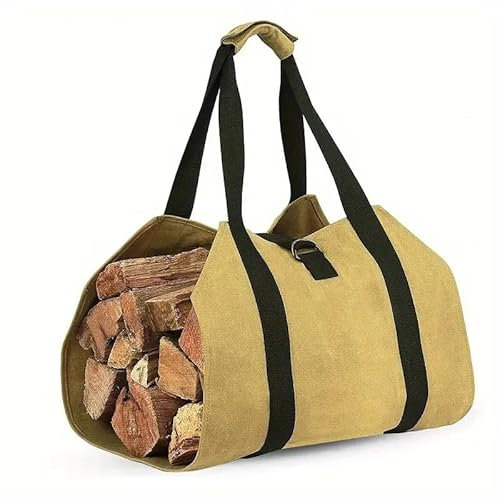 SRKATI Allzweck Korb Brennholz-Aufbewahrungstasche, Canvas-Brennholz-Tragetasche, Brennholzhalter, Kaminzubehör, Brennholz-Tragetasche Tragetasche(Khaki)