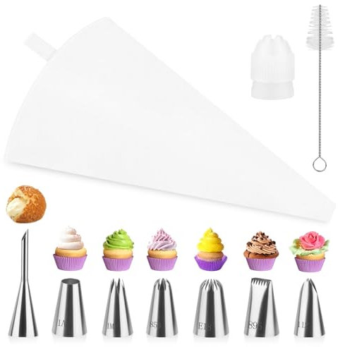 Juego de 11 mangas pasteleras de algodón (35 cm), incluye bolsa reutilizable para lavavajillas, boquillas de acero inoxidable para decorar tartas, adaptador y caja de regalo