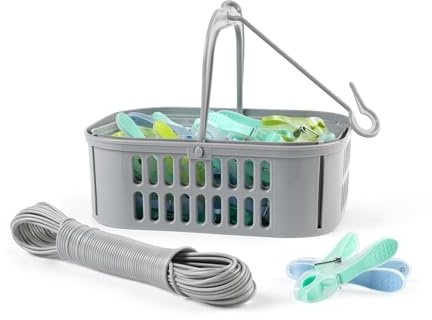 Beldray Wäscheklammerkorb-Set, 30 Klammern, 20 m Wäscheleine | Zusammenklappbarer Korb mit Haken, Drainagelöcher für Regenwasser, rostfreie Klammern, für drinnen und draußen, blau/grün