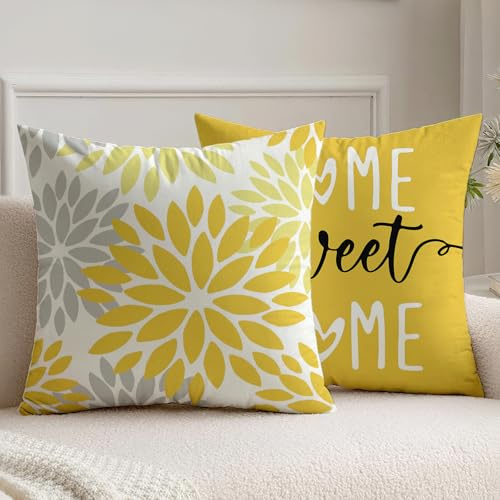 Vorysum Set of 2 Cushion Covers 45x45 cm Yellow Dahlias Outdoor Cushion Modern Flowers Decorative Sofa Cushions Velvet Look for Garden Sofa Living Room Bed Double-Sided Pattern
