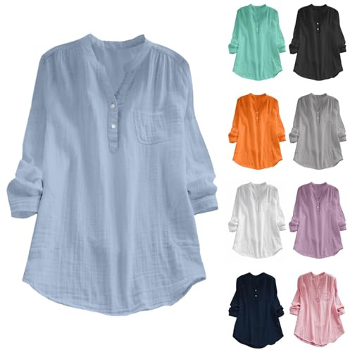 Musselin Bluse Damen Baumwolle Leinen Shirt V Ausschnitt Longbluse Oversize Langarm Leinenbluse Sommer Oberteile Tunika Große Größen Leinenshirt Leicht Und Luftig