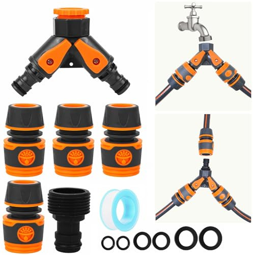 Garden Hose Splitter 2 Way Tap Hose Connectors and Fittings with Valve, Outside Garden Tap Splitter 2 Way for G 1/2 and 3/4 inch Tap Adapter, Double Hose Tap Connector for Hose Pipe