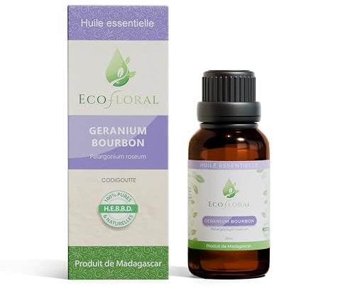 Ecofloral Huile Essentielle Géranium Bourbon de Madagascar - 100% Pure et Naturelle HEBBD Sans Aucun Ajout - Antiseptique, Anti-inflammatoire et Équilibrante - Idéale pour Diffusion et Massage - 30 ml