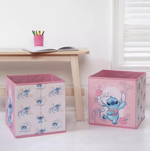 Disney Lilo & Stitch Foldable Storage Cubes – Pack of 2 Pink Fabric Boxes for Kids Room, Nursery or Shelving – 30x30x30cm – Collapsible Toy Organisers – Free-Standing or Shelf Use