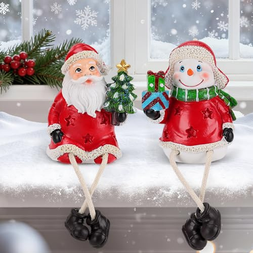 Homiton Christmas Figurines, Set of 2 Resin Christmas Santa & Snowman Shelf Sitters with Dangling Legs, Xmas Table Fireplace Figurines Ornament for Home Indoor Holiday Decorations (Santa & Snowman)