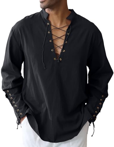 CTU Men's Cotton Linen Shirt Drawstring Arm Banded Tops Medieval Viking Pirate Renaissance Halloween Costume Black M