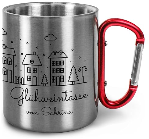True Statements Personalisierte Glühweintasse Edelstahl mit Karabinergriff - Becher für Weihnachtsmarkt mit Namen – Geschenkidee Kollegen Freunde Familie - ca. 300 ml - Griff Rot