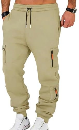 Hpbygstae - Pantaloni da jogging da uomo, con tasche con cerniera, pantaloni sportivi lunghi, pantaloni da allenamento, pantaloni fitness jogger, beige., M