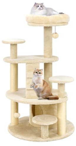 COSTWAY Arbre à Chat XXL 101 cm, Arbre a Chat Bois, 2 Poteaux à Griffer en Sisal, 7 Plateformes, Condo, Échelle d'escalade, 2 Pompons Suspendu, pour Chats Âgés/Nains, 64 x 60 x 101 cm (Beige Foncé)