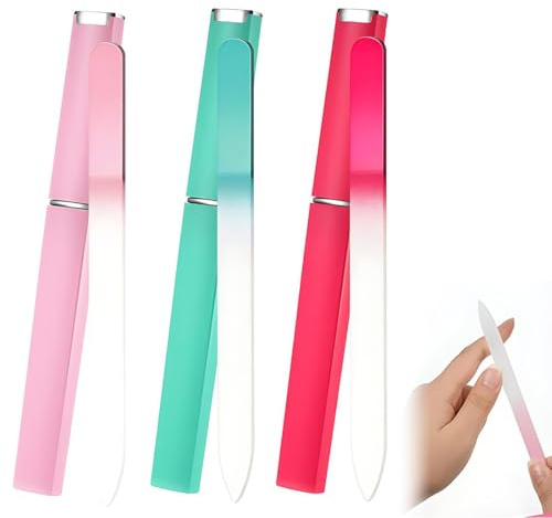 GILWUMO 3 Limes à Ongles en Verre, Outils de Manucure Professionnels, avec Boîte de Rangement, Adapté pour Femmes(Rouge,Vert,Rose)