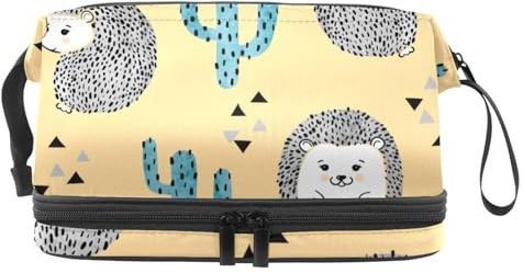 VAPOKF Cute Hedgehog and Cactus Watercolor Pattern Cosmetic Bag for Women and Girls, Travel Toiletry Bag Makeup Handy Pouch Organizer Bag with Brush Compartment