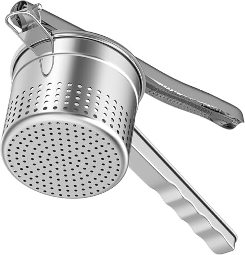 Large 15oz Potato Ricer with 3 Interchangeable Discs - Professional Stainless Steel Masher for Fluffy Mashed Potatoes, Gnocchi & Guacamole - Ergonomic Silicone Handles, Heavy Duty & Dishwasher Safe