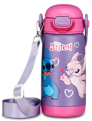 Seven Gourde Kid Stitch Violet, 460 ml, en acier inoxydable, sans BPA, hermétique, chaud 12h/froid 24h, anti-fuite, réutilisable, bandoulière incluse, école, sport, voyage, fille, idée cadeau