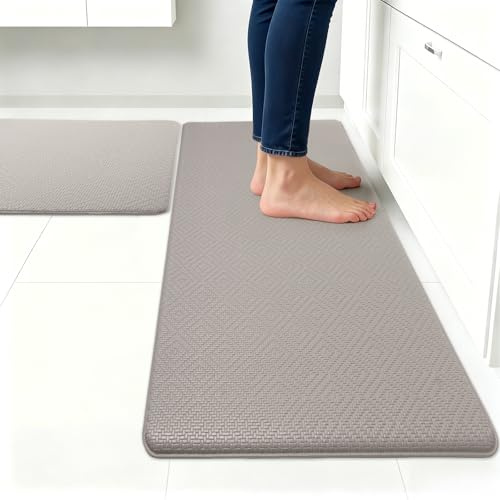 Kitchen Mat, 2 Pieces Non Slip Kitchen Rug Set, Anti Fatigue Soft Comfortable Standing Mat, Waterproof Oil Resistant Leather Cushioned Mats for Kitchen Floor Office (Khaki, 44 * 75+44 * 120cm)