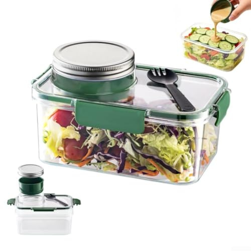 NEIQIUWING Ensaladera portátil de 7,7 tazas con recipiente de aliño separado, tapa a prueba de fugas, material libre de BPA, incluye tenedor reutilizable para alimentos (verde)
