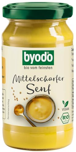 Byodo Bio Senf Mittelscharf I 5 x 200ml Glas I Naturbelassene Feinkost aus deutscher Senfsaat I Frische Herstellung in kleinen Chargen I Vegan & ohne Zuckerzusatz I Cremig für Wurst, Käse & Dressings