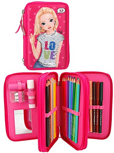 Depesche 8733 - TOPModel Federtasche 3 fach, mit Pailletten, pink, ca. 20 x 13 x 7 cm