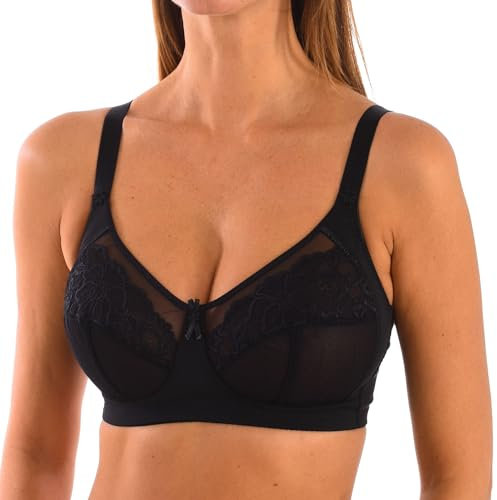 Selene, Reggiseno Contenitivo Donna con Fascia Alta, Senza Ferretto e Imbottitura, Coppe in Pizzo e Tulle, Collezione Valeria, Colore Nero, Taglia 4C