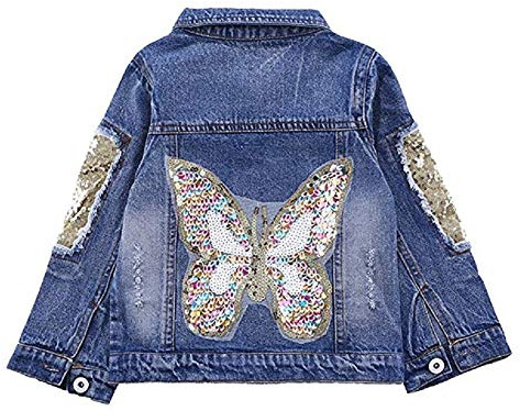 LSHEL Chaqueta vaquera Chaqueta vaquera de manga larga para niños con lentejuelas, mariposa, 110