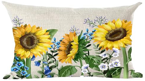 ramirar Watercolor Yellow Sunflowers Blue Flowers Summer Decorative Lumbar Throw Pillow Cover Case Cushion Home Living Room Bed Sofa Car Cotton Linen Rectangular 12 x 20 Inches