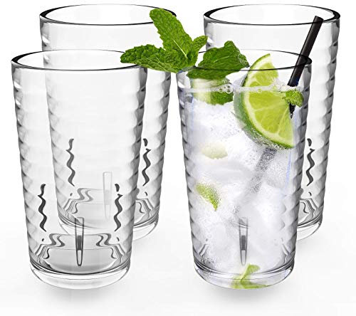 ALIMOTA - Juego de 4 Vasos de Plástico Rígido, 385ml - Vasos Reutilizables y Aptos para Lavavajillas, Transparentes con Borde Reforzado, Ideales para Cócteles, Refrescos y Agua