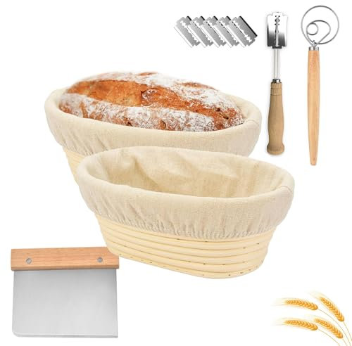 Cesta de Fermentación de Masas Ovalado,Ratán Natural,2 Piezas 12 Banneton Cuenco de Prueba,con Tela de Lino Panadero Antiadherente y un batidor de masa,para Hacer Baguettes,Pan,25*14*8.cm,Hasta 750g