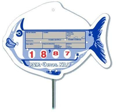 BALSAT Expositor Portaprecios de Pescadería | Con Etiquetas para Precios y Registro Sanitario | Cartel PVC de Precios para Tienda de Pescados y Mariscos con Pincho Inoxidable | Mod: Pez Azul, 12 Uds