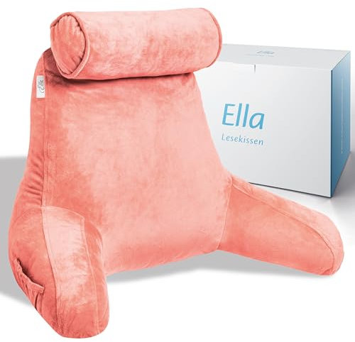 Ella Lesekissen für Bett und Sofa mit Abnehmbarer Nackenrolle - Rückenkissen Bett - Reading Pillow aus Memory Foam mit Armlehne, Ideal zum Lesen, Fernsehen, Faulenzen oder als Rückenstütze - Rosa