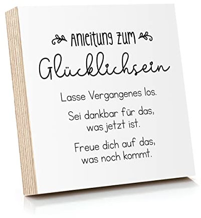 ARTFAVES® Holzbild mit Spruch - Anleitung zum Glücklichsein | Deko Geschenk zum Thema Glück/Leben/Größe: 14,8 x 14,8 cm