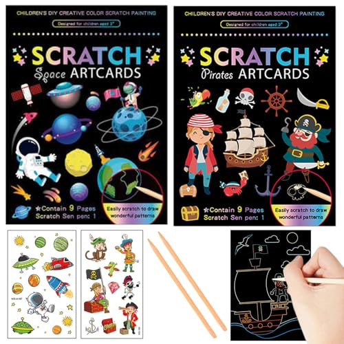 Georgie Porgy Kratzbilder Set DIY Bastelsets für Kinder Magic Kratzpapier Notizbuch Ostern Weihnachten Geburtstagsgeschenk für Jungen Mädchen (Piraten Weltraum)