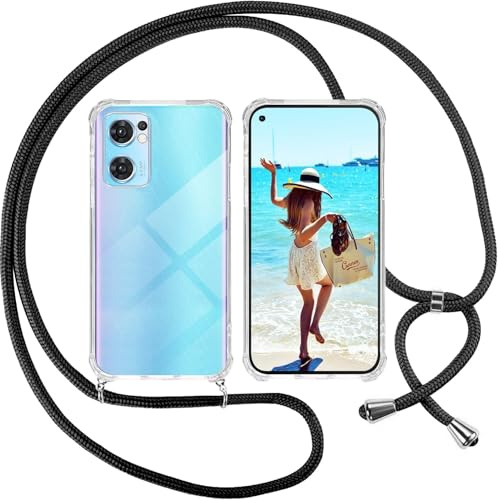 SIMao Funda con Cuerda para OPPO Find X5 Lite, Funda con Cadena para Teléfono Móvil con Correa Ajustable Transparente TPU Silicona Carcasa con Collar de Cordón Funda con Cordón de Colgar,Negro