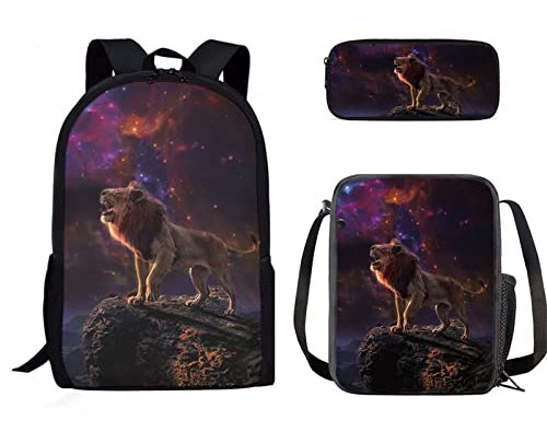 Binienty Rucksack für Kinder Jungen Mädchen Schule Büchertasche mit Lunchbox und Federmäppchen Büchertasche Set für Grundschule, Galaxy Lion, Einheitsgröße