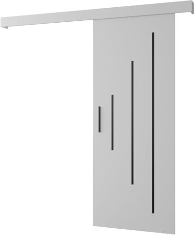 ABIKSMEBLE Système de Portes coulissantes Salwador Y, Set Complet pour Portes coulissantes, Portes intérieures, Design Moderne (Blanc Mat/Grille: Blanc Mat, Poignées et Sangles: Noir)
