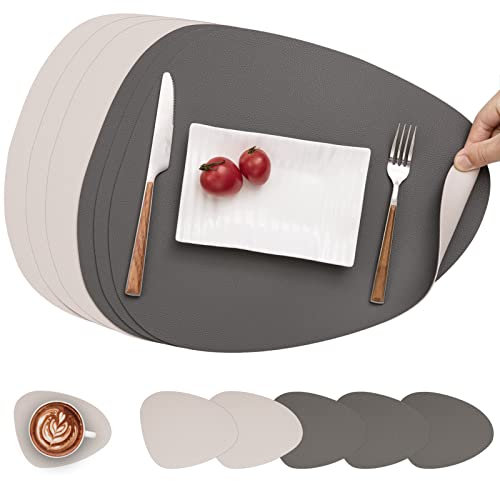 Myir JUN Tovagliette in Pelle e Sottobicchieri, Set Tovagliette Americana Plastica Lavabili Bifacciale Non-scivolose Impermeabile Triangolari (Set di 6, Grigio Bianca)
