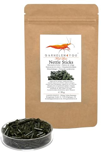 GARNELEN4YOU® Brennnessel Sticks | Premium Garnelenfutter | nachhaltige Verpackung | Made in Germany | Futter Pellets für Garnelen, Krebse, Schnecken | Internationale Version 50 g