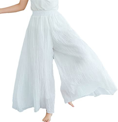 Adhdyuud Dam bomull och linne hög midja vida ben byxor vår och sommar enfärgad elastisk Hakama, Vitt, M