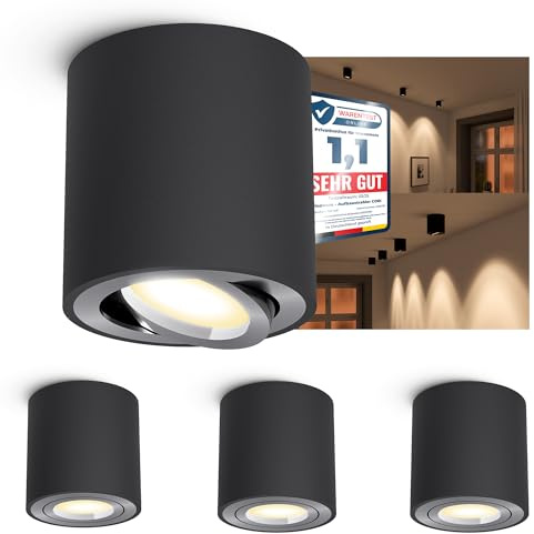 linovum CORI Aufbauspot schwarz gebürstet dimmbar - mit LED in drei Lichfarben GU10 230V 6W - Aufbau Strahler schwenkbar rund Ø80x84mm
