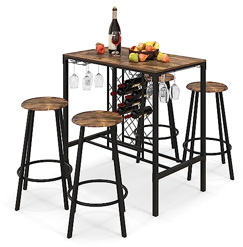Giantex 5-Piece Dining Table Set for 4, Multifunctional 39.5 x 23.5 Bar Table with Glass Holders, Wine Rack, 4 Barstools, Kitchen Table and Chairs Set for Small Space, Pub, Dinette, Living Room