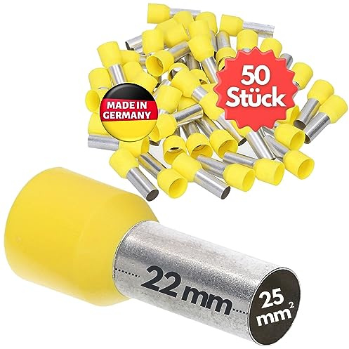 Kalitec 50x Terminali Isolati 25 mm² - Puntali a Bussola Gialli 22 mm | Puntali AWG 4 in rame stagnato certificati UL per cablaggi industriali, quadri elettrici, camper e impianti audio.