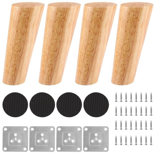 YOUNTHYE 4 Stück Möbelfüße Holz Schräg 12cm Möbelbeine Holz Rund Möbelfüße Massivholz Ersatz Tischbeine mit Montageplatten und Schrauben und Filzgleiter für Sofa, Bett, Couch, Stuhl