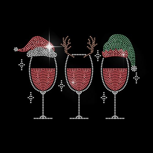 MAYJOYDIY Weihnachts Weinglas Strass Aufbügler Hotfix Aufkleber Weihnachtsmütze Hirschhorn 27 × 18.3cm Wärmeübertragung Glitzernder Aufnäher Kleidungsreparatur Applikation Weihnachtsdekor T Shirts