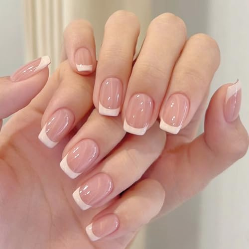 48 Pcs Elegant Touch French False Nails with Pink White Tip Short Square Designs, Full Cover Press On Stick On Nails for Women Girls Nail Art