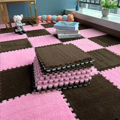 Haklein Plüsch-Schaumstoff-Bodenmatte, 30 x 30 x 1 cm, Spielmatten, Puzzle-Teppich, Schaumstoff-Bodenfliesen, rutschfest, weich, ineinandergreifend, Teppich, Raumdekoration, 10 Stück, Braun und Rosa