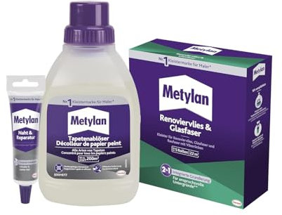Metylan Renoviervlies & Glasfaser (1x500g) & Metylan Naht- und Reparaturkleber (1x60g) & Metylan Tapetenablöser Aktiv-Konzentrat, löst schnell und problemlos (1x0,5l)