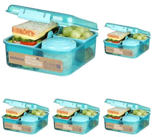 Sistema Bento Box To Go Lunch Box With Yoghurt/Fruit Pot 1.25 L Made Using Recycled Plastic Recyclable With Terracycle Teal Stone (Pack of 5)