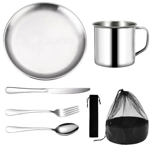 Camping Geschirr 1 Person - Camping Besteck Set 7 Teilig, Wiederverwendbarer Edelstahl Becher, Teller und Gabel, Löffel, Bestecktasche, Campinggeschirr für Outdoor Wandern und Picknick Zubehör